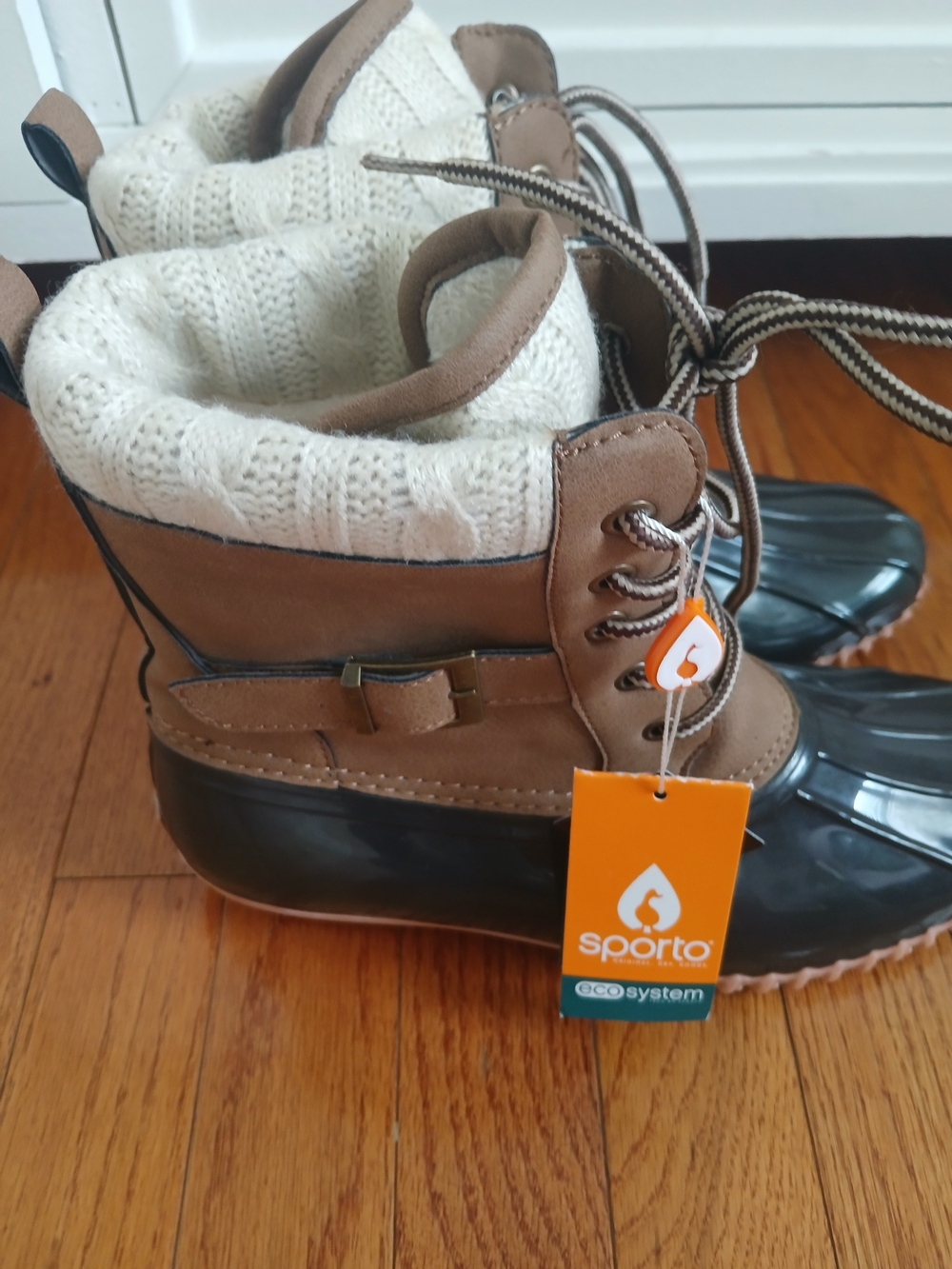 Sporto Brown & Black Duck Boots with Cream Knit Collar